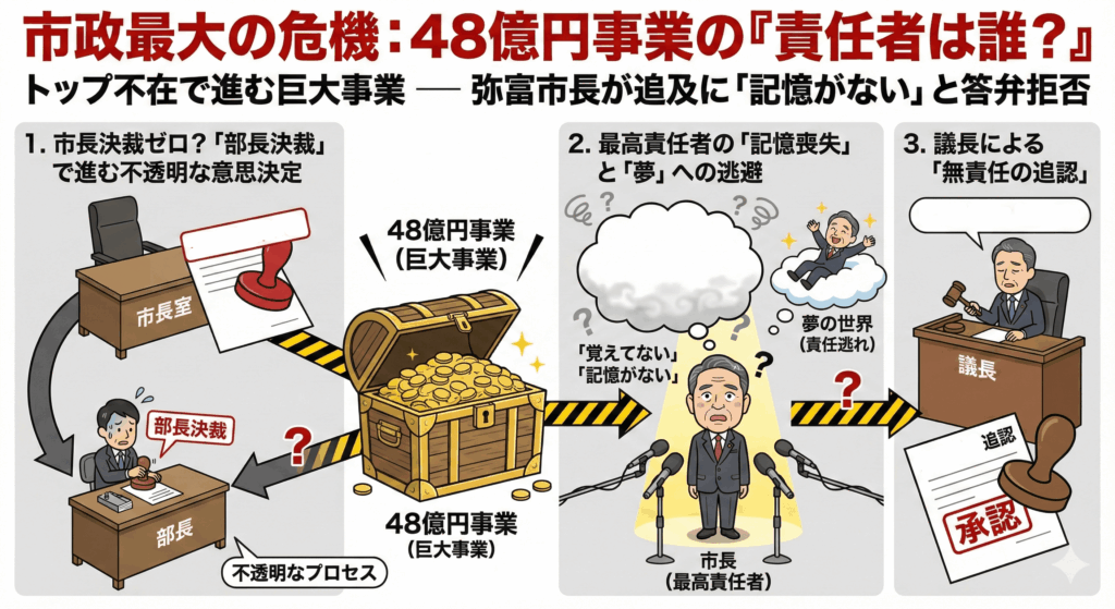 市政最大の危機：48億円事業の「責任者は誰？」市長「覚えてない」-min