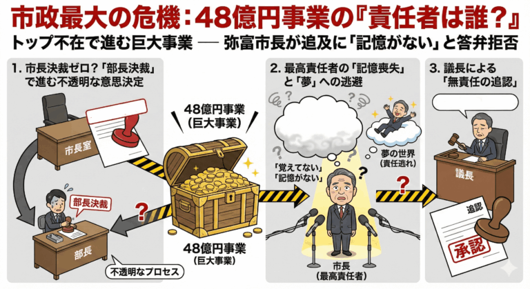 市政最大の危機：48億円事業の「責任者は誰？」市長「覚えてない」-min