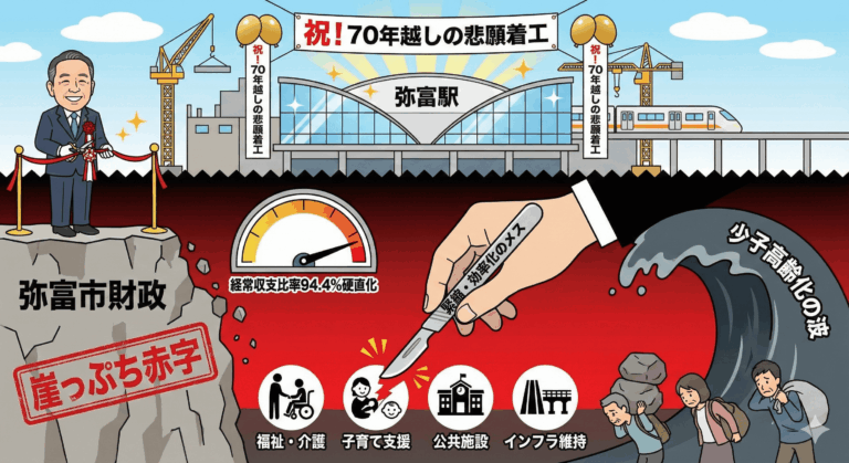 財政は「崖っぷち赤字」！70年越し駅事業着工の弥富市で進む「市民サービス縮小」の現実-min