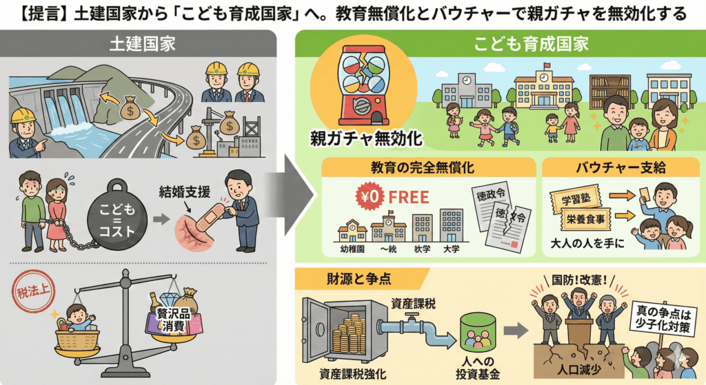 【提言】土建国家から「こども育成国家」へ。教育無償化とバウチャーで親ガチャを無効化するmini